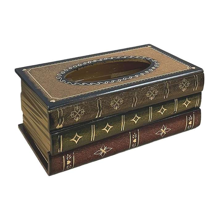 Vintage Stacked Books Design Solid Wood Tissue Box Holder Rectangular with Easy Refill Hinged Top,ye