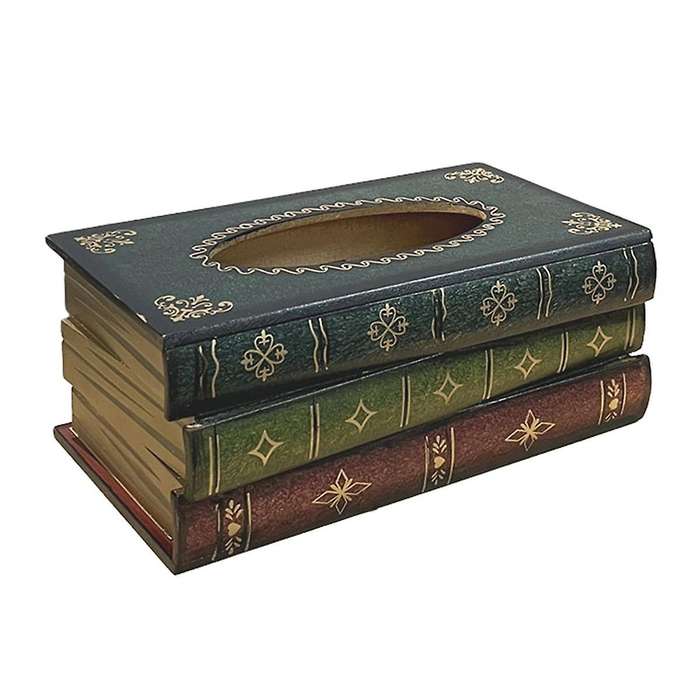 Vintage Stacked Books Design Solid Wood Tissue Box Holder Rectangular with Easy Refill Hinged Top,bl