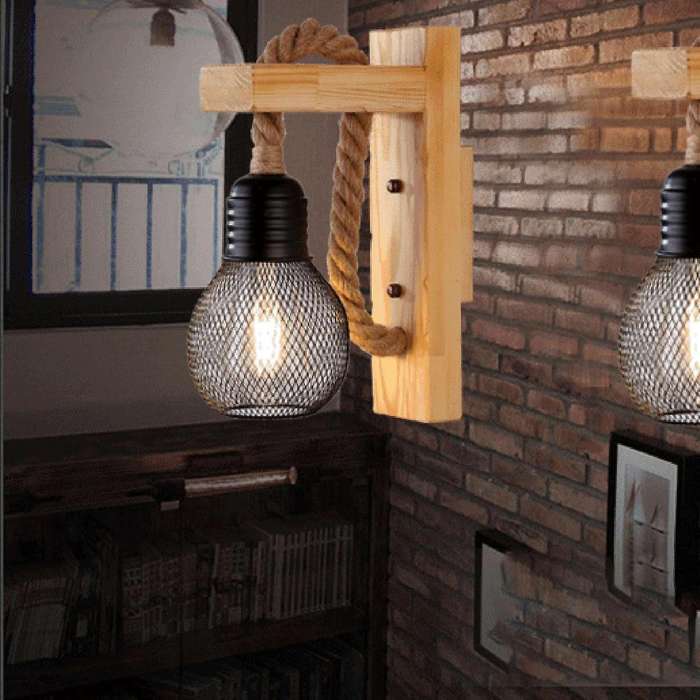 Vintage Wood Hemp Rope Wall Lamps Fixture Retro Hallway Bedside Loft Light Luminaire Industrial Deco