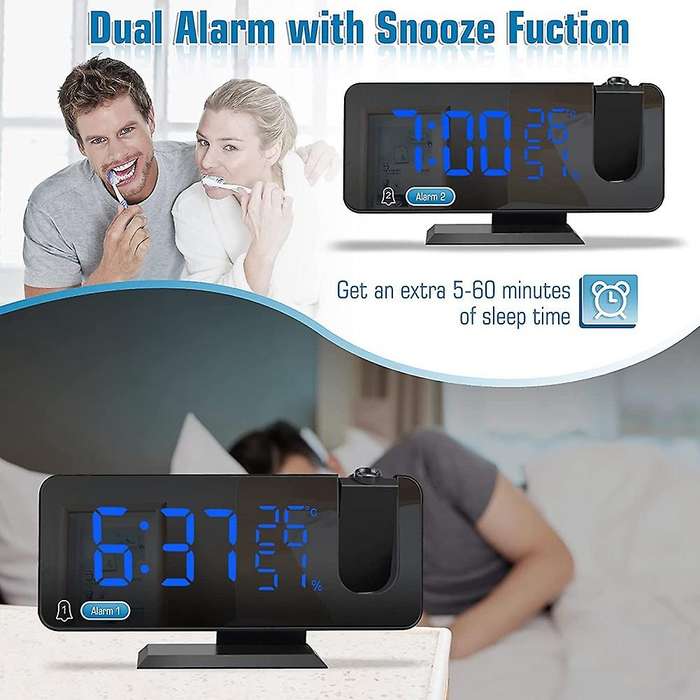 Projection Led Digital Alarm Clock, Dual Clock Snooze Alarm Fm Radio
