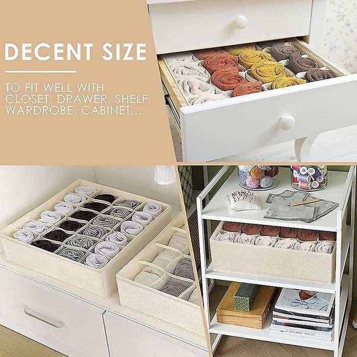3 Pack Sock Organizer, 64 Cell Fabric Cabinet Storage Boxes Beige