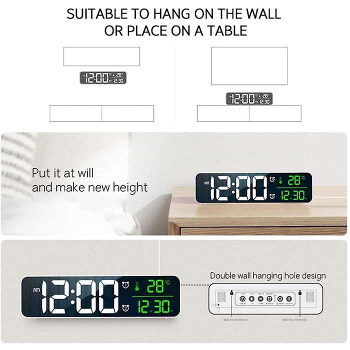 Digital Clock Led Screen Date &temp Display for Bedroom Bedside White