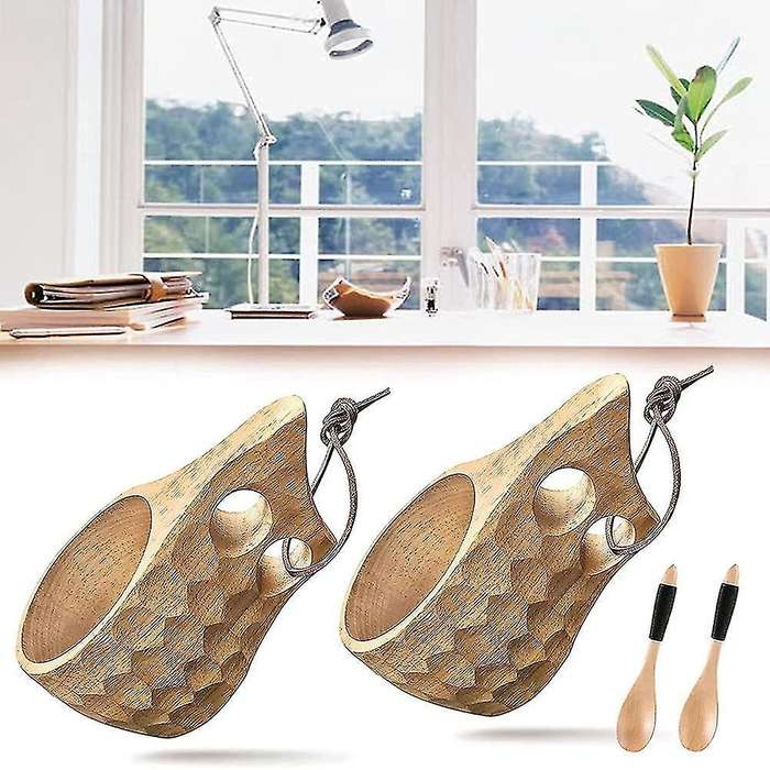 2pcs Wooden Cup Wooden Coffee with Wooden Spoon and Leather Lanyard