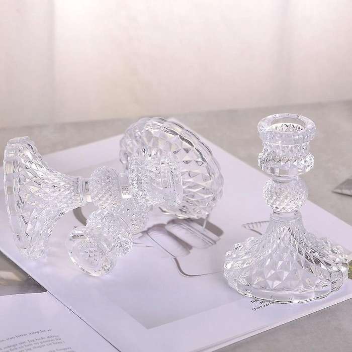 Glass Candle Holder, Taper Candlestick , Vintage Cut Crystal 3 Pieces