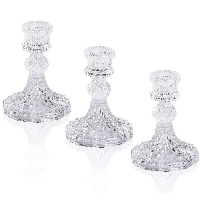 Glass Candle Holder, Taper Candlestick , Vintage Cut Crystal 3 Pieces