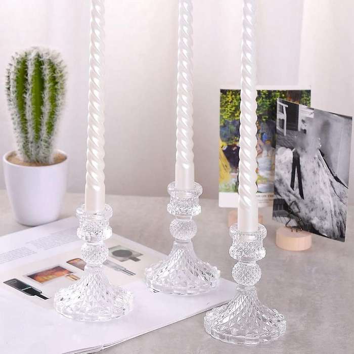 Glass Candle Holder, Taper Candlestick , Vintage Cut Crystal 3 Pieces
