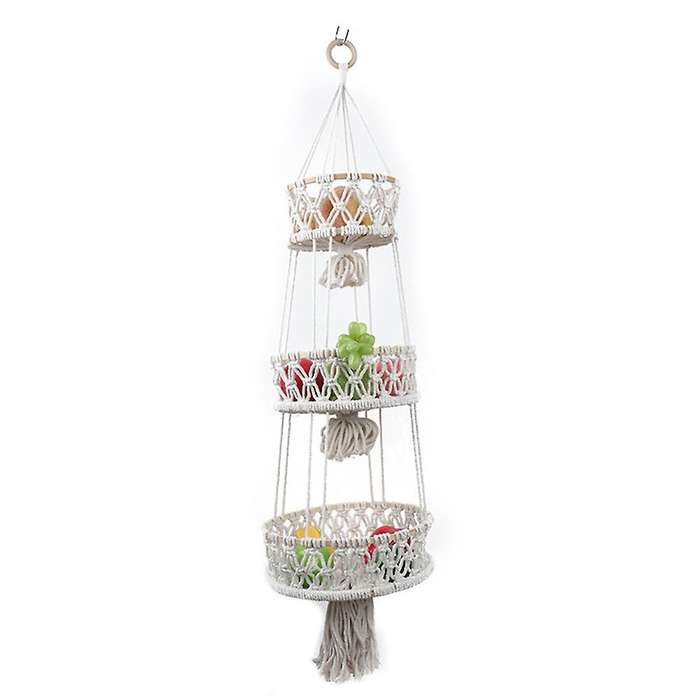 2 Tier Hanging Basket Fruit Storage Cotton Rope Hanging Plant Pot