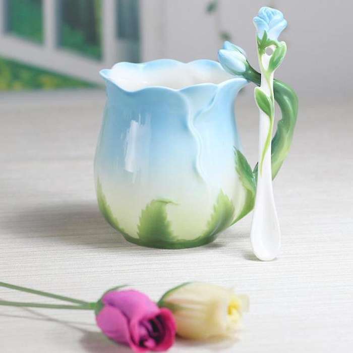 Ceramic Rose Flower Shape Teacups Breakfast Cups with Spoon-blue