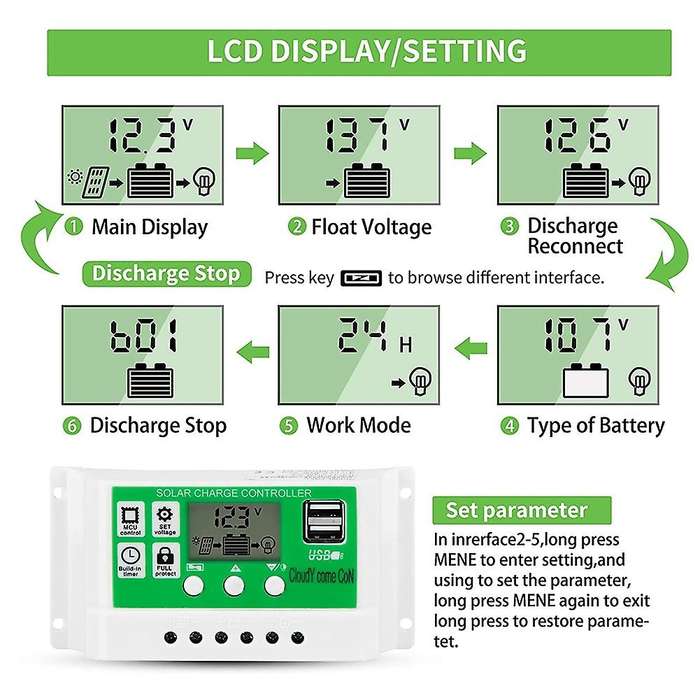 30amp Solar Charge Controller Kit, with Lcd Display Solar Cable