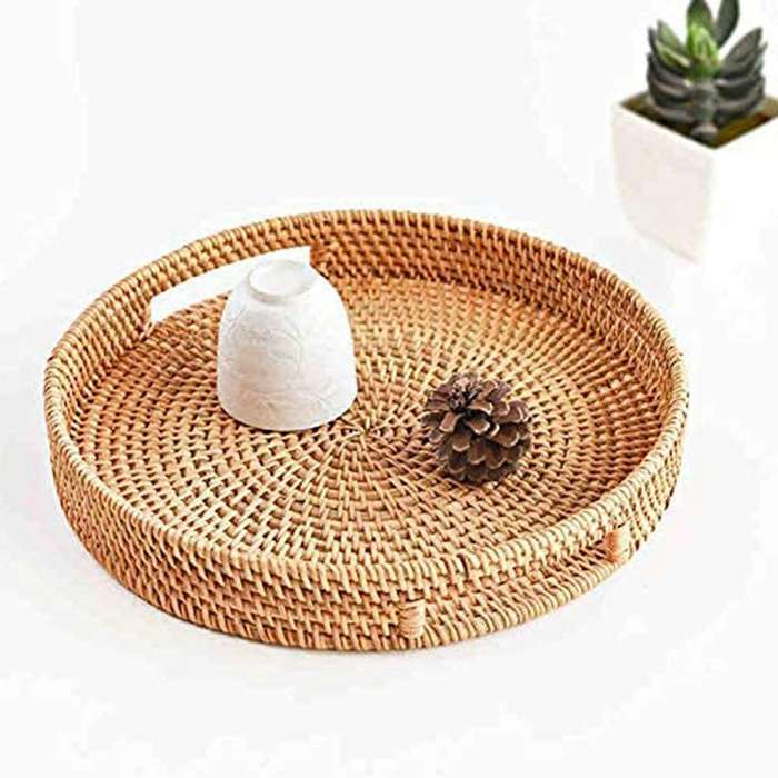 Round Rattan Serving Tray Decorative for Coffee Table Natural(large)