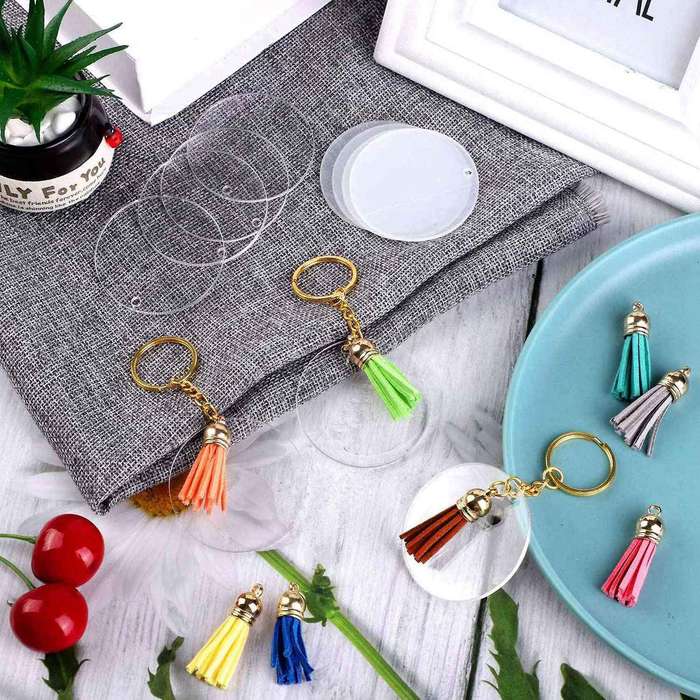 256pcs Acrylic Keychain Blanks Clear Circle Discs 2in Tassel for Diy