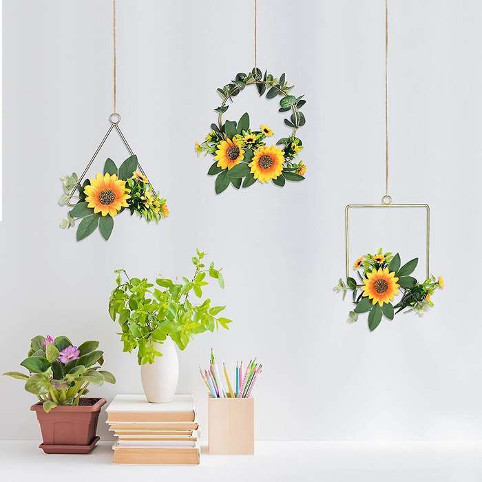 3pcs Floral Hoop Wreath,hanging Garland Artificial Silk Sunflowers