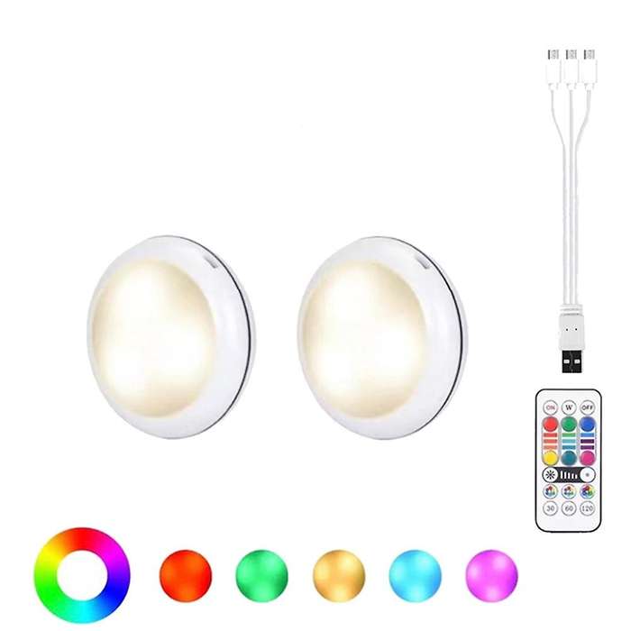 Usb Rechargeable Rgb Led Cabinet Light Puck Lamp 16 Colors Remote