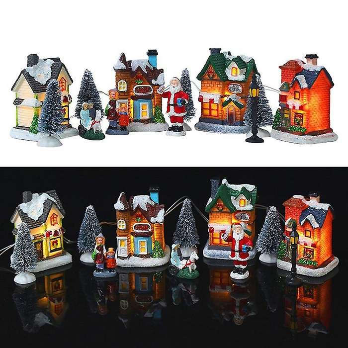 10pcs Santa Claus Snow House Tiny Scene Sets Led Light Up Xmas Tree