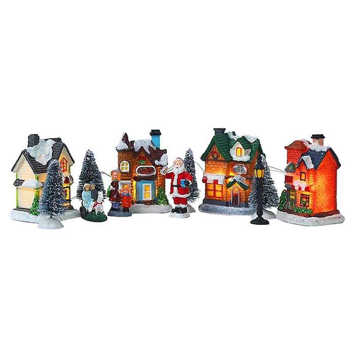 10pcs Santa Claus Snow House Tiny Scene Sets Led Light Up Xmas Tree