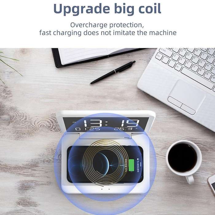 Led Alarm Clock with Mirror Phone Holder Wireless Charging Stand B