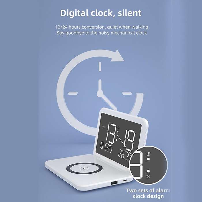 Led Alarm Clock with Mirror Phone Holder Wireless Charging Stand B