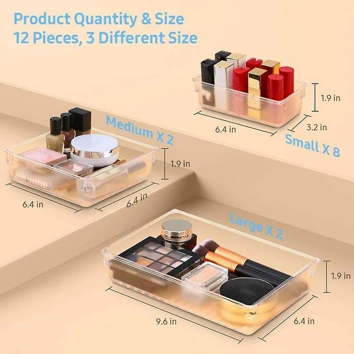 Desk Drawer Organizer Trays with 3-size Clear Plastic Storage Boxes