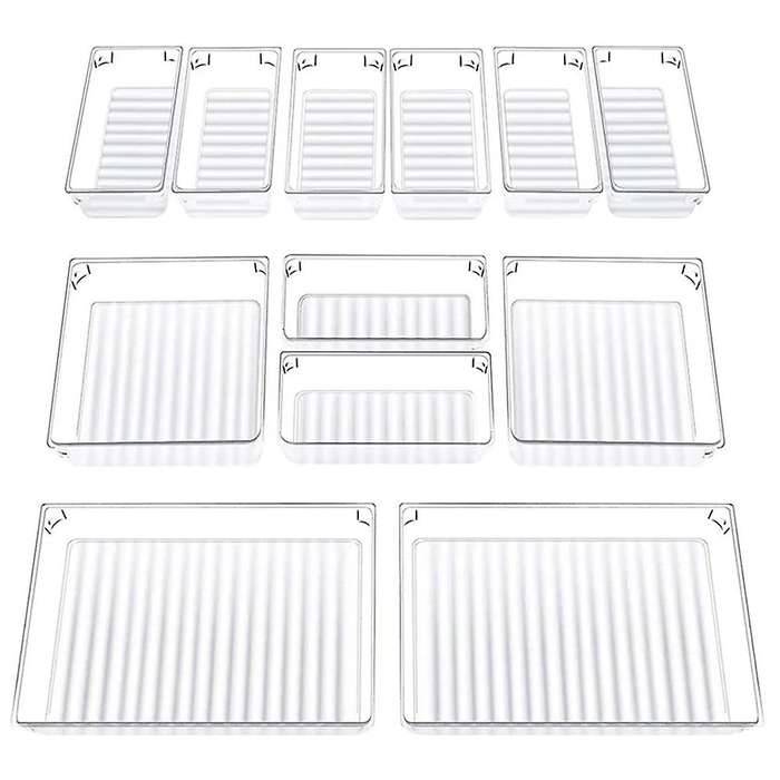 Desk Drawer Organizer Trays with 3-size Clear Plastic Storage Boxes