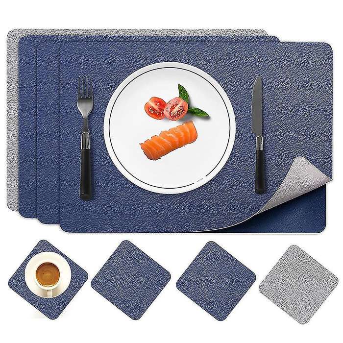 Placemats Leather and Coasters, Double-sided Pu Mats (blue/grey)