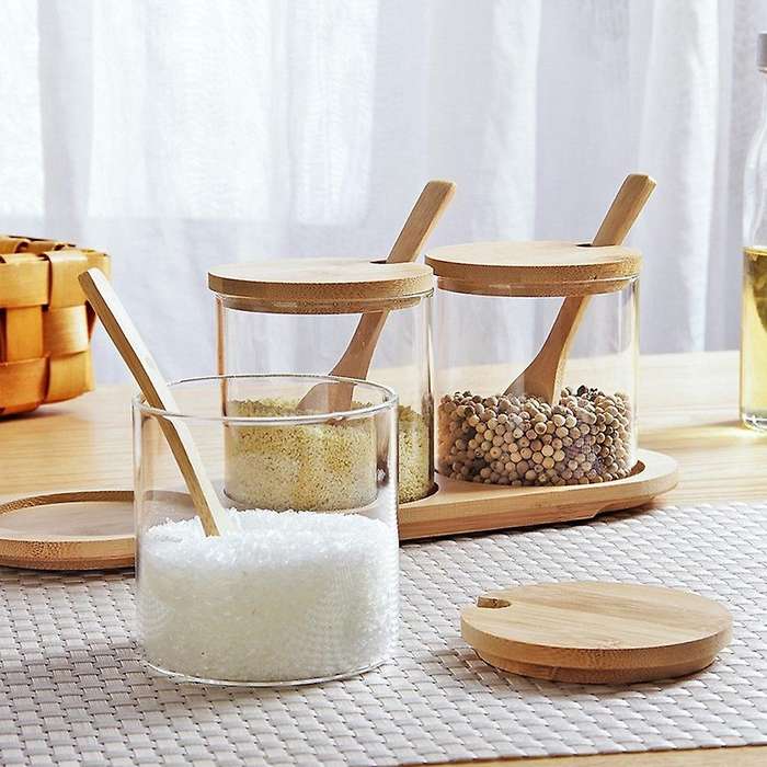 3 Pcs Seasoning Bottle Glass Sugar Salt Storage Jar with Wooden Spoon