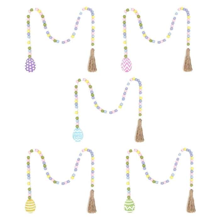 5pcs Spring Wooden Beads Garland with Tassels Easter Egg Tag