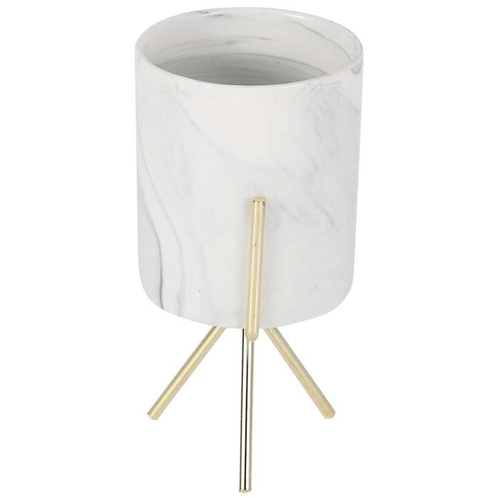2x Marble Vase Wrought Iron Flower Pot Gold + White Ceramic L