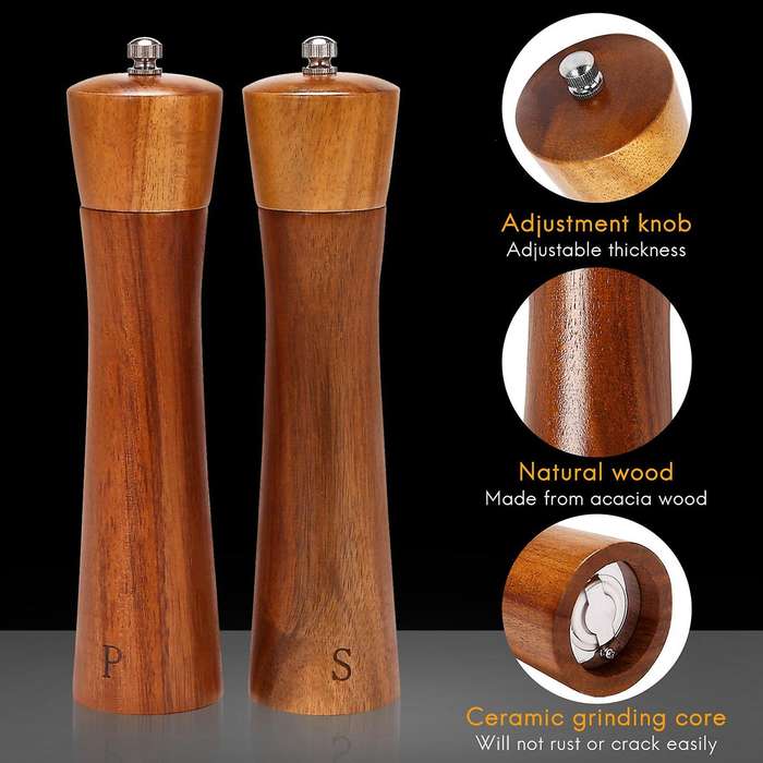 Salt and Pepper Grinders,wood Salt& Mill Set with Spoon for Cooking
