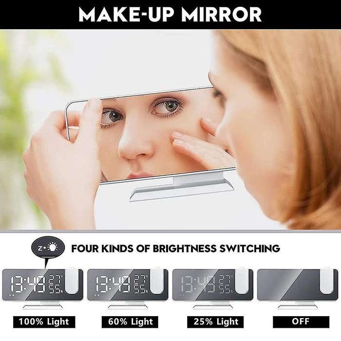 Digital Alarm Clock with Fm Radio Led Mirror Screen Alarm Clock-white