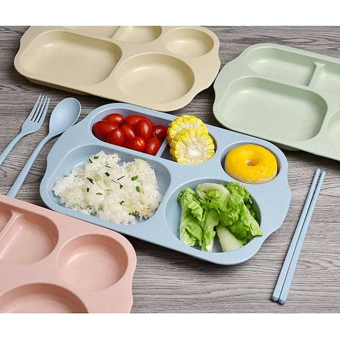 4 Pcs Wheat Straw Divided Portion Plates for Picnic Or Every Day Use
