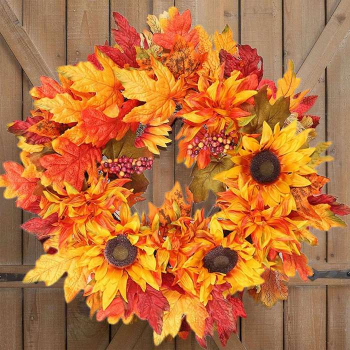 Artificial Sunflower Maple Leaf Wreath Festival Window Door Decor