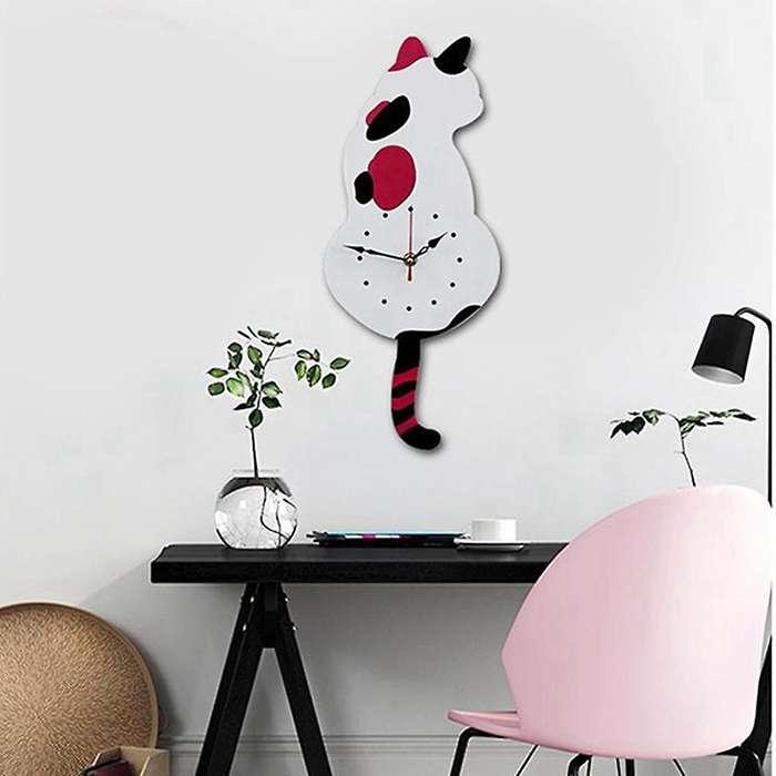 3d Digital Wall Clock Cat Swinging Tail Move Silent Non Ticking
