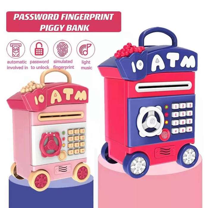 Piggy Bank, Simulate Fingerprint Password Bank, with Wheels, Pink