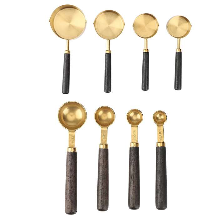 Walnut Wooden Handle Plated Gold Measuring Spoon Cups Kitchen Set 1