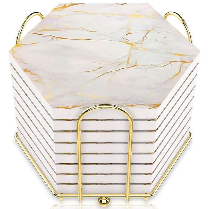For Drinks Absorbent with Holder Marble Design Ceramic Coaster Set