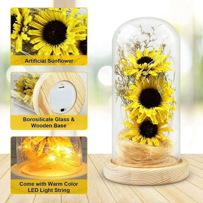 Imitation Sunflowers In Glass Dome with Led Strips Valentine's Day