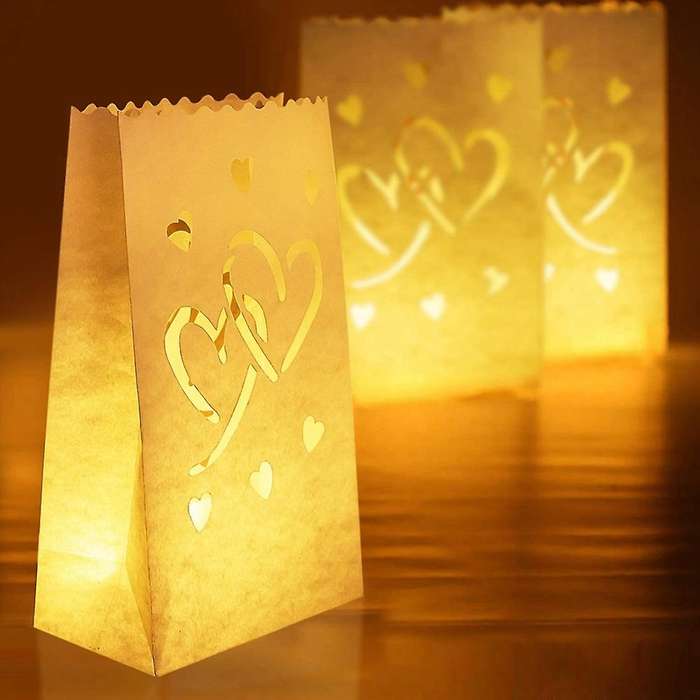 50 Pcs White Luminary Bags with Hearts, for Wedding, Valentine's Day