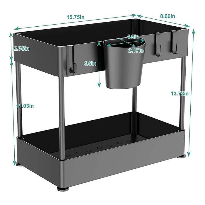 Under Sink Organizers and Storage, 2-tier Organizer with 4 Hooks