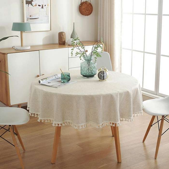 Pure-colored Tablecloth White Tassel Decoration Linen Table Cover