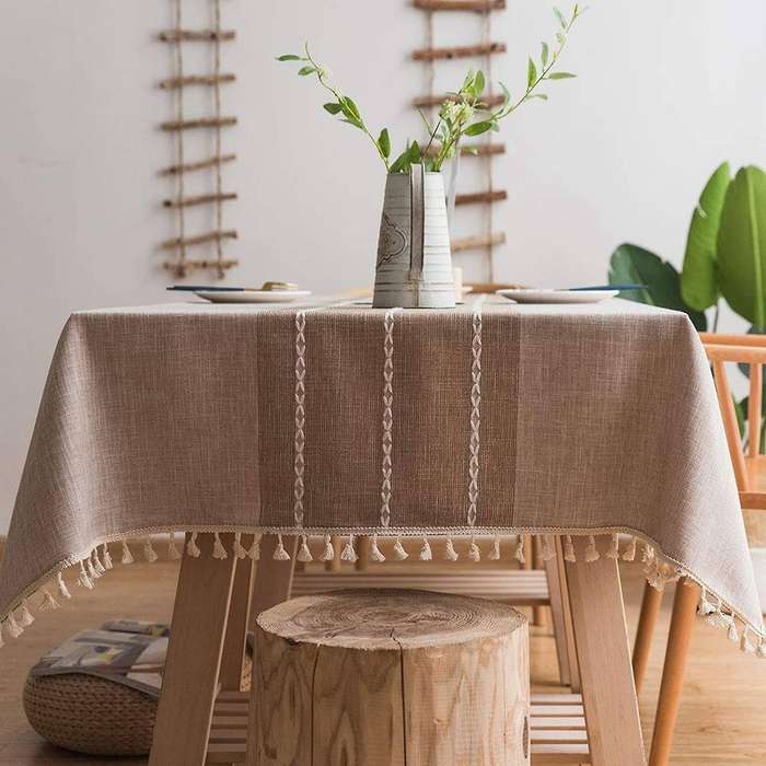 Square Tablecloth Embroidery Farmhouse Style Linen Fabric Tablecloth
