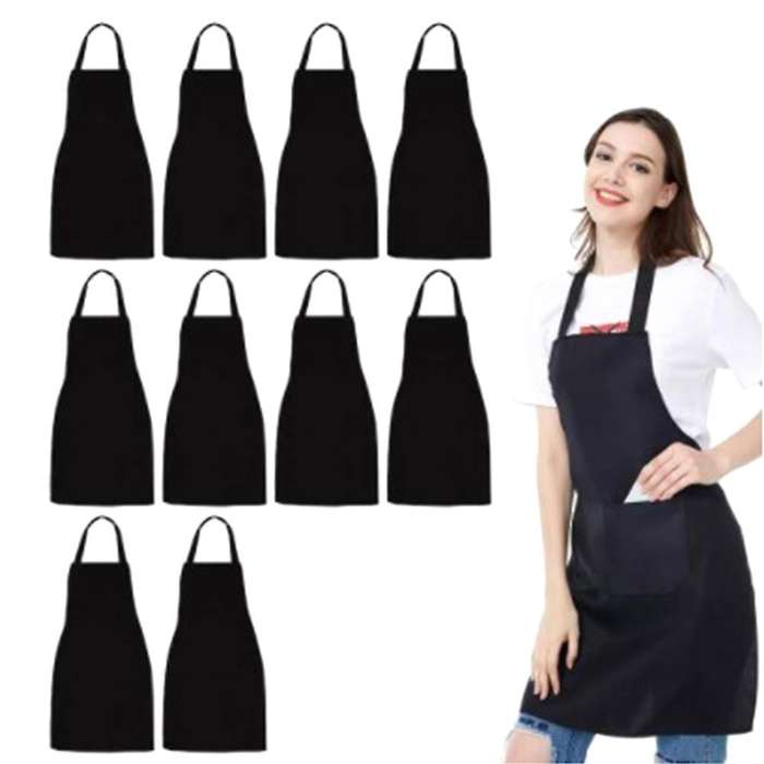 10 Pack Bib Apron - Unisex Black Apron Bulk with 2 Roomy Pockets