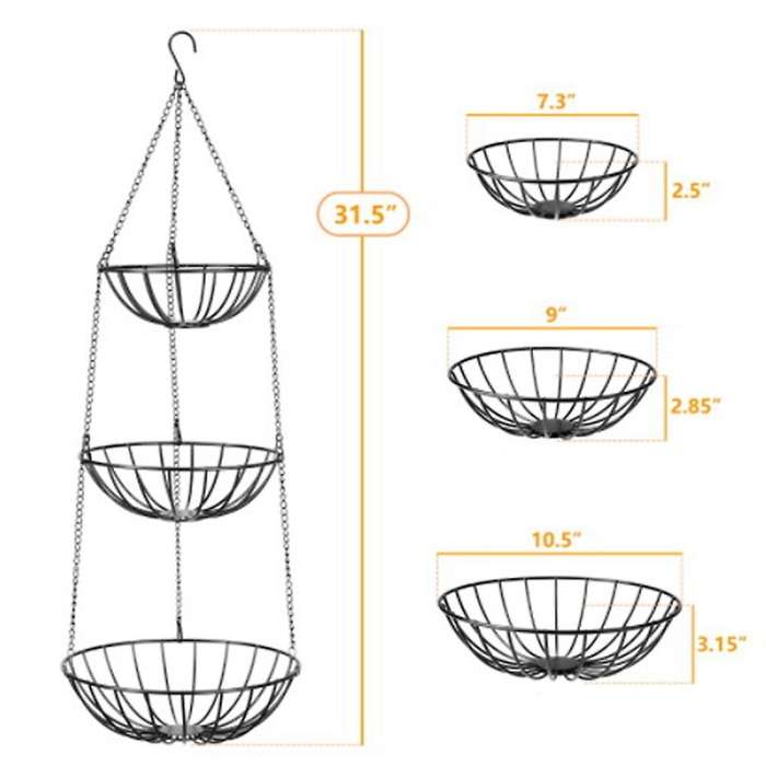 3-tier Wire Hanging Basket Iron Wire Basket Fruit Swing Bowl