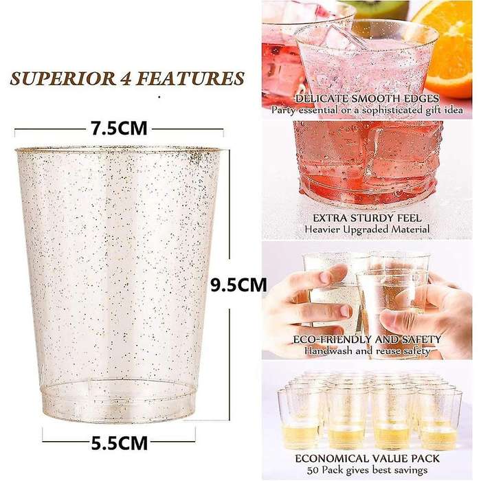 Gold Glitter Plastic Drink Cups for Champagne Cocktail Dessert