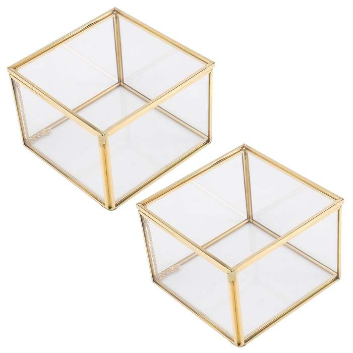 2x Square Opening Glass Geometry Garden Jewelry Boxs