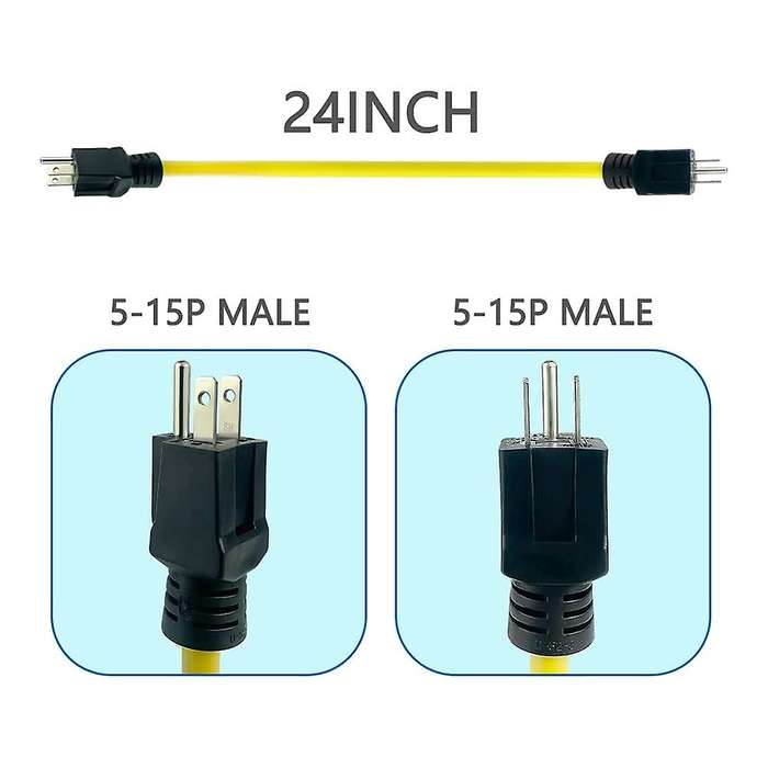2 Pack 3 Prong Plug to Plug Male Double Cord, 125v 24inch Us Plug