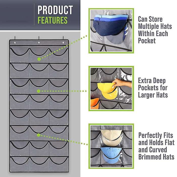 Hat Organizer Rack for Wall Or Door, 24 Pocket Hat Storage Holder