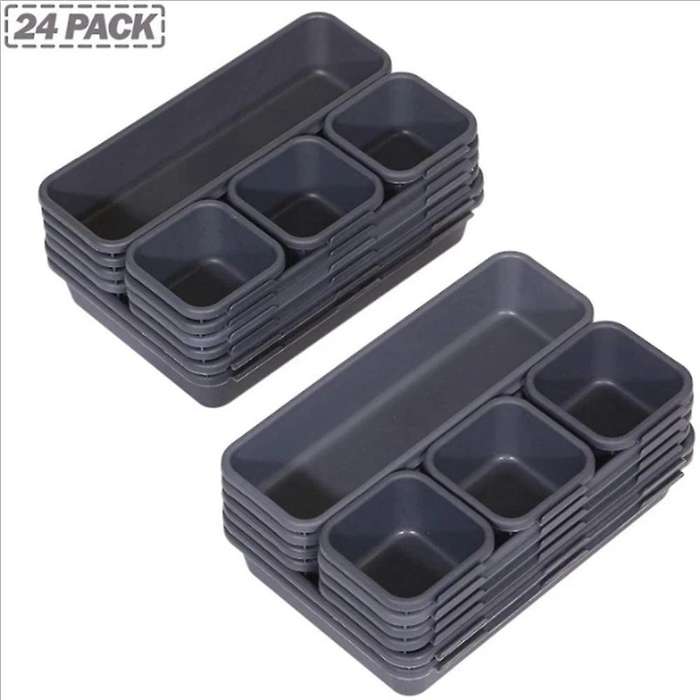 Desk Drawer Organizer Trays with 3-size Black Plastic Storage Boxes