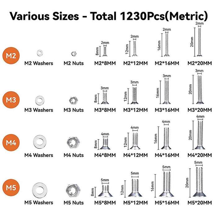 1230pcs M2 M3 M4 M5 304 Stainless Steel Screw Bolt Assortment Set