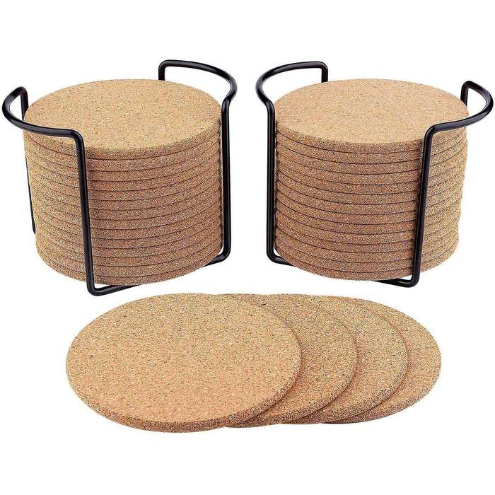 Cork Coasters for Drinks with Metal Holder,natural Cork Coaster Set