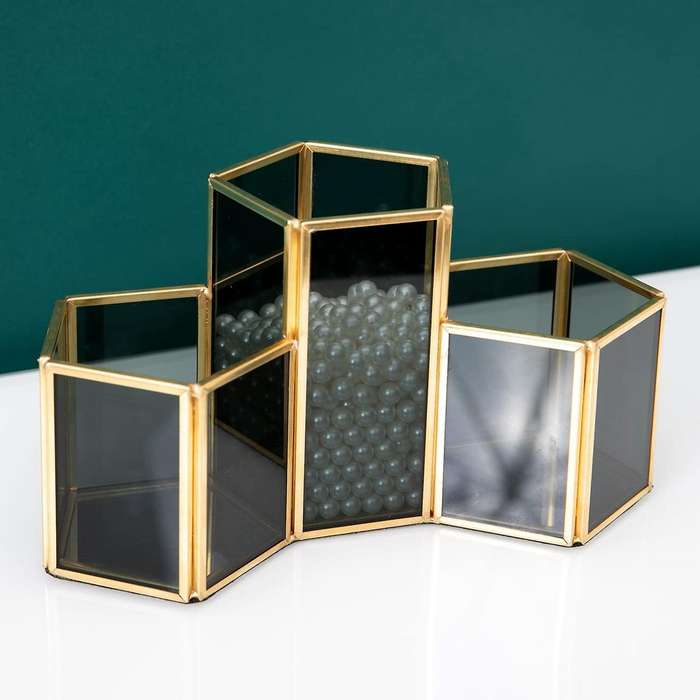 Cosmetic Organizer Holder 3 Slots Brass and Glass Makeup Brush Holder